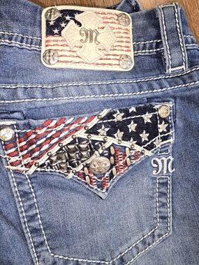 Miss Me Denim Easy Crop Jean with Red, White & Blue Embellished Pockets Size 28